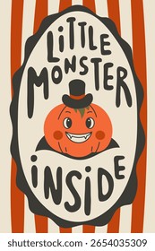 Vintage Halloween Poster with Funny Phrase. Retro Holiday Greeting Card with Vampire Jack o lantern Pumpkin and handwritig lettering. Vector illustration
