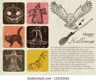 Vintage Halloween poster with pumpkin, owl, bat etc. Vector illustration EPS8