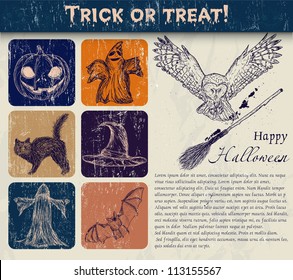 Vintage Halloween poster with pumpkin, owl, bat etc. Vector illustration EPS10