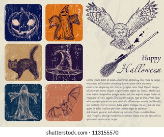 Vintage Halloween poster with pumpkin, owl, bat etc. Vector illustration EPS8