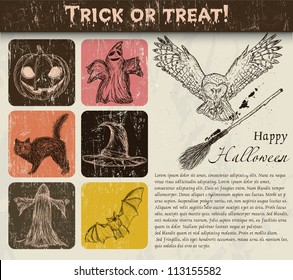 Vintage Halloween poster with pumpkin, owl, bat etc. Vector illustration EPS10