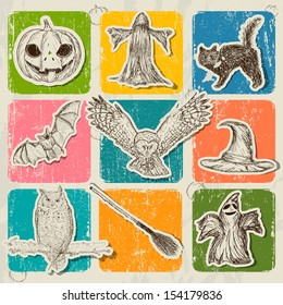 Vintage Halloween poster with pumpkin, owl, bat etc. Vector illustration EPS10