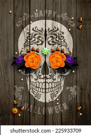 Vintage Halloween poster with sugar scull print  decorated with sweets treats, roses and golden stars. 