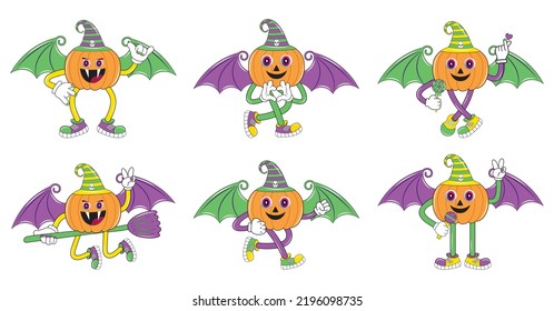 Vintage Halloween pumpkin character design. Halloween pumpkin character set in cartoon comic style. Halloween pumpkin character with different emotions and face expressions. 