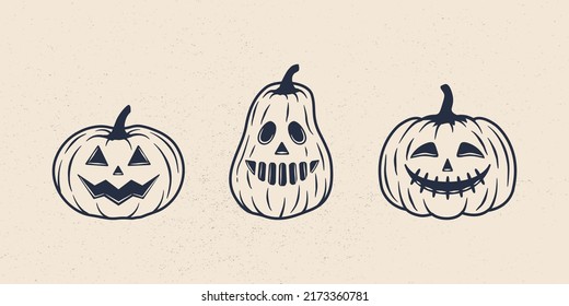 Vintage Halloween Pumpkin Icons Isolated On White Background. Vintage Halloween Pumpkins Set. Design Elements For Logo, Poster, Emblem. Vector Illustration