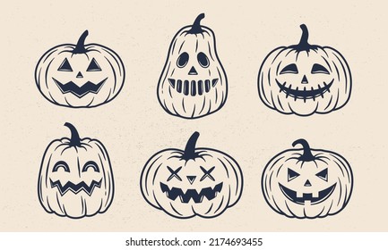 Vintage Halloween pumpkin icons isolated on white background. Halloween pumpkins set. Monsters faces. Design elements for logo, badges, banners, labels, posters. Vector illustration