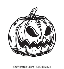 Vintage Halloween pumpkin with scary face in black and white colors isolated vector illustration