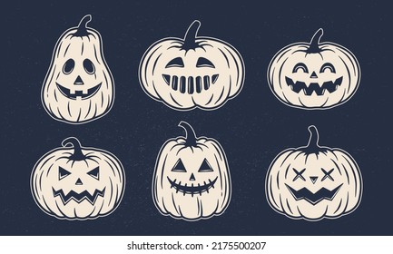 Vintage Halloween pumpkin set. Jack o Lantern icons isolated on dark background. Funny Monsters faces. Design elements for logo, badges, banners, labels, posters. Vector illustration