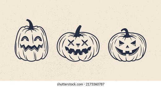 Vintage Halloween pumpkins set. Jack o Lantern. Halloween pumpkins icons isolated on white background. Design elements for logo, poster, emblem. Vector illustration