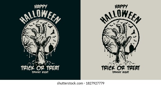 Vintage Halloween-Gruselabzeichen mit Zombie-Hand und Buchstaben auf dunklem und hellem Hintergrund, einzelne Vektorgrafik