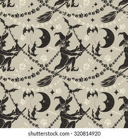 Vintage Halloween Seamless Background with Flying Witch and Ornament