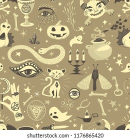 Vintage halloween seamless pattern with magic elements. Vector design for wrapping papers and cards