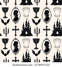 Vintage Halloween seamless vector pattern with vampire portrait, fangs, candles, cross, wine glass, bats and gothic castle. Hand drawn monochrome silhouettes for seasonal design