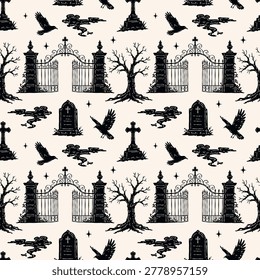 Vintage Halloween seamless vector pattern with cemetery gates, tombstones, dead trees, ravens and fog. Hand drawn monochrome silhouettes for seasonal design