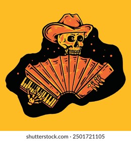 Vintage Halloween Skeleton Cowboy Playing Accordion Illustration with Western Horror Theme