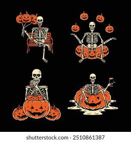 Vintage Halloween Skeletons with Pumpkins Performing Playful Activities Illustration Featuring Spooky Yet Fun Vibes