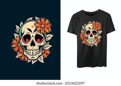 Cráneo vintage de Halloween con la camiseta del Vector de las flores