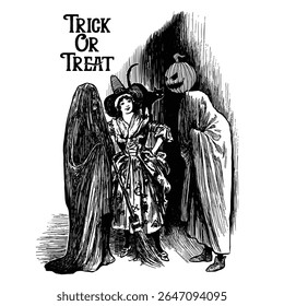 Vintage Halloween Trick or Treat Illustration - Retro Witch and Ghost Engraving Style
