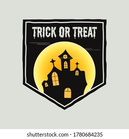 Vintage Halloween typography badge graphics with horror castle landscape scene, moon and quote text - Trick or Treat. Holiday retro emblem label. Stock vector sticker