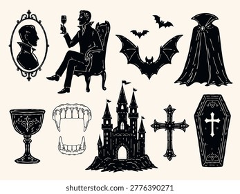 Vintage Halloween vampire vector set featuring vampire portrait, goblet, cape, fangs, bats, gothic castle, coffin and cross. Hand drawn monochrome silhouette collection for seasonal design