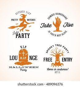 Vintage Halloween Vector Badges or Labels Templates. Witch, Zombie Hand, Grave and Spooky Tree Symbols with Retro Typography. Isolated.