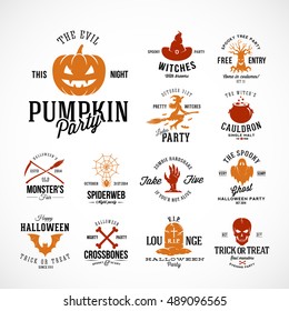 Vintage Halloween Vector Badges or Labels Templates. Pumpkin, Ghost, Skull, Bones, Bats and Other Symbols with Retro Typography. Isolated.