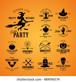 Vintage Halloween Vector Badges or Labels Templates. Witch, Ghost, Skull, Grave, Bats and Other Symbols with Retro Typography. Black on Orange Background.
