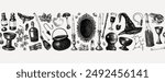 Vintage Halloween vector border. Hand-drawn witchcraft background. Skull, bones, poison bottles, crystal ball, black mirror, candles sketches. Seamless pattern for magic design