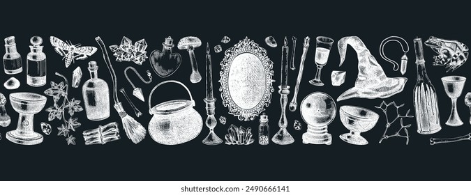 Vintage Halloween vector border on chalkboard. Hand-drawn witchcraft background. Skull, bones, poison bottles, crystal ball, black mirror, candles sketches. Seamless pattern for magic design