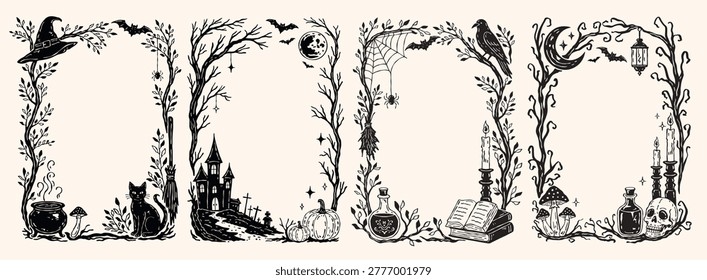 Vintage Halloween vector decorative frame set with witch hat, black cat, cauldron, potion, bats, spell book, skull and mushrooms. Hand drawn monochrome silhouette frames