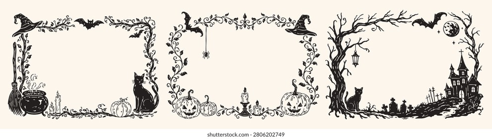 Vintage Halloween vector decorative frame set with black cat, witch hat, cauldron with potion, pumpkins, haunted house, branches, bat and cemetery. Hand drawn monochrome silhouette frames