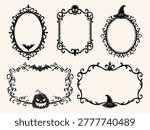Vintage Halloween vector frame set featuring skull, bat, witch hat and pumpkin. Hand drawn monochrome gothic frames for invitation and poster design