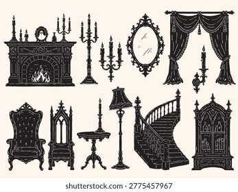 Vintage Halloween vector haunted interior set featuring fireplace, candles, mirror, gothic furniture, staircase and curtains. Hand drawn monochrome silhouette collection for Halloween decor