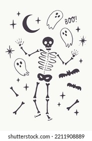 Vintage Halloween Vector Illustration with Dancing Skeleton Surrounded by Bones, Moon, Stars and Bats. Isolated on Off White Background. Hand Drawn Simple Design. Great for Posters, Cards or Wall Art.