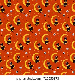 Vintage Halloween vector seamless pattern, Autumn celebration hand drawn background with cat, crescent, skull and candies, surface design