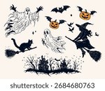Vintage Halloween vector set with witch on broom, flying cat, spooky ghosts, pumpkins with wings, bats, haunted houses. Hand drawn silhouette collection in monochrome style