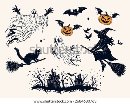 Vintage Halloween vector set with witch on broom, flying cat, spooky ghosts, pumpkins with wings, bats, haunted houses. Hand drawn silhouette collection in monochrome style