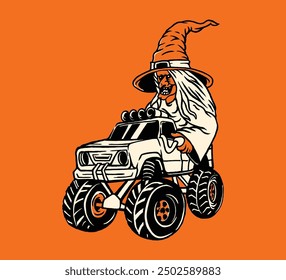 Vintage Halloween Witch Driving a Monster Hot Rod Truck Illustration Perfect for Spooky Retro Style Merchandise