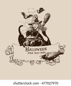 Vintage Halloween Witch Making Potion.  Vector Illustration For Celebration Posters, Banners, Mail Or Invitations