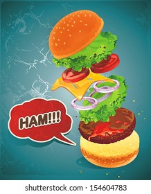 Vintage Hamburger illustration with grunge effect-flying ingredients
