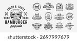 Vintage Hamburger logo set. Set of 13 Burger logo templates. Steak House, cafe, restaurant menu. Trendy vintage hipster design. Vector illustration