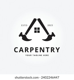 vintage hammer with house logo vector illustration design, carpentry tool icon symbol