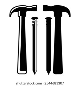 Vintage hammer and nail Icon, joiner's tools, simple shape, for graphic design of logo, emblem, symbol isolated on white background.