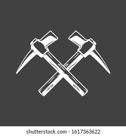 Vintage hammers located crosswise isolated on black background. Silhouette of hammers vector symbols. Work tools for building design
