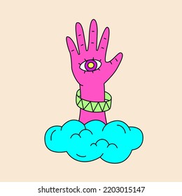 Vintage Hand with all seeing eye. Doodle illustration. Palmistry concept. Spirituality, astrology and esoteric concept