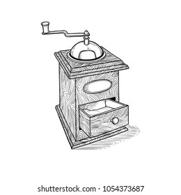 Vintage hand coffee grinder drawn vector in style engraving sketch. Ancient European wooden kitchen utensils for grinding coffee beans. Black and white illustration