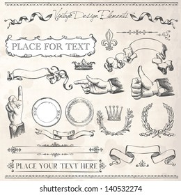 vintage hand crown engrave drawn frame vector arrow ribbon sketch vintage frames and design elements with old paper texture vintage hand crown engrave drawn frame vector arrow ribbon sketch line nails