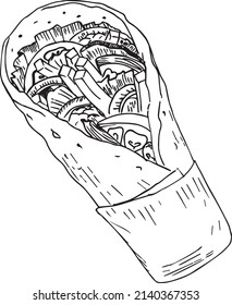 Vintage hand Draw Gyros classic vector design drawing, retro fast food illustration. Restaurant sketch icon. Realistic outline digital art style. 