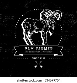 Vintage hand draw ram label. Vector element, badge, emblem, logo, insignia, sign, identity, logotype, poster.  Stroke hipster illustration with typographic for t-shirt prints. Ram farmer, hunting