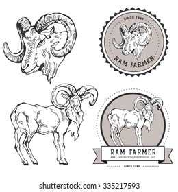 Vintage hand draw ram label. Vector element, badge, emblem, logo, insignia, sign, identity, logotype, poster.  Stroke hipster illustration with typographic for t-shirt prints. Ram farmer